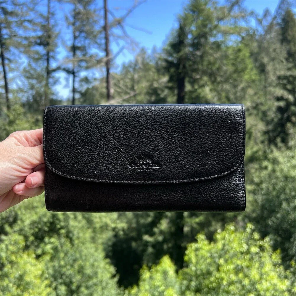 VINTAGE COACH Black Trifold Wallet Pebble Leather with Gold Hardware AUTHENTIC